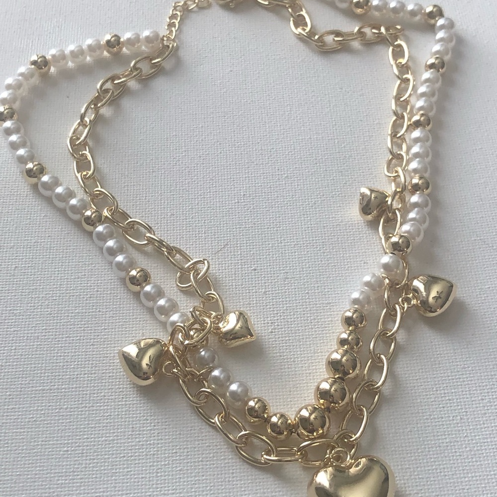 Gold and White Heart Charm Layered Necklace